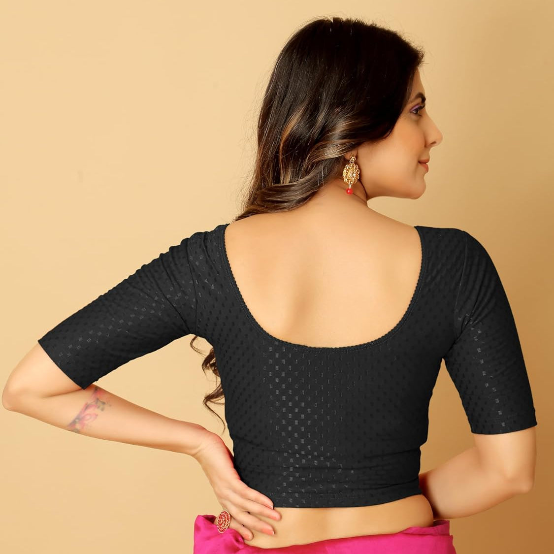 Black - Stretchable Elbow Sleeve Saree Blouse