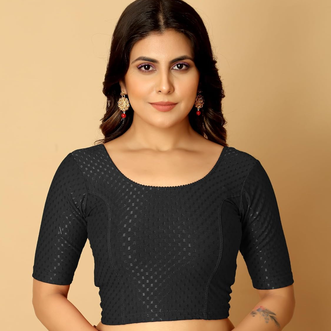 Black - Stretchable Elbow Sleeve Saree Blouse