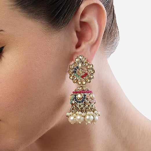 Multicolor Stones Cluster Beads Drop Traditional Jhumka Earring
