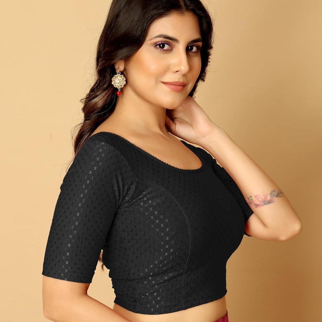 Black - Stretchable Elbow Sleeve Saree Blouse