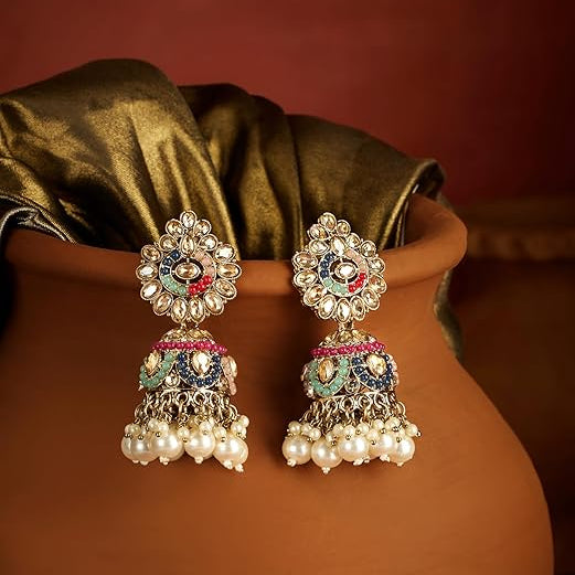Multicolor Stones Cluster Beads Drop Traditional Jhumka Earring