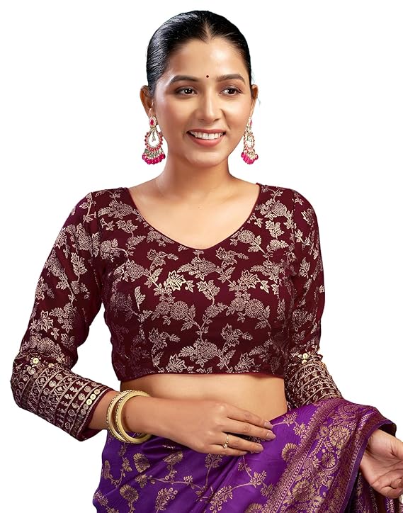 Padded Saree Blouse with Sequence Embroidery- 3/4 Sleeve