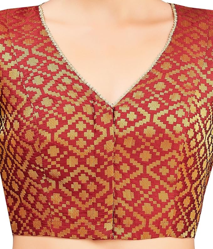 Women's Readymade Brocade Elbow Length Sleeves Saree Blouse Maroon V neck