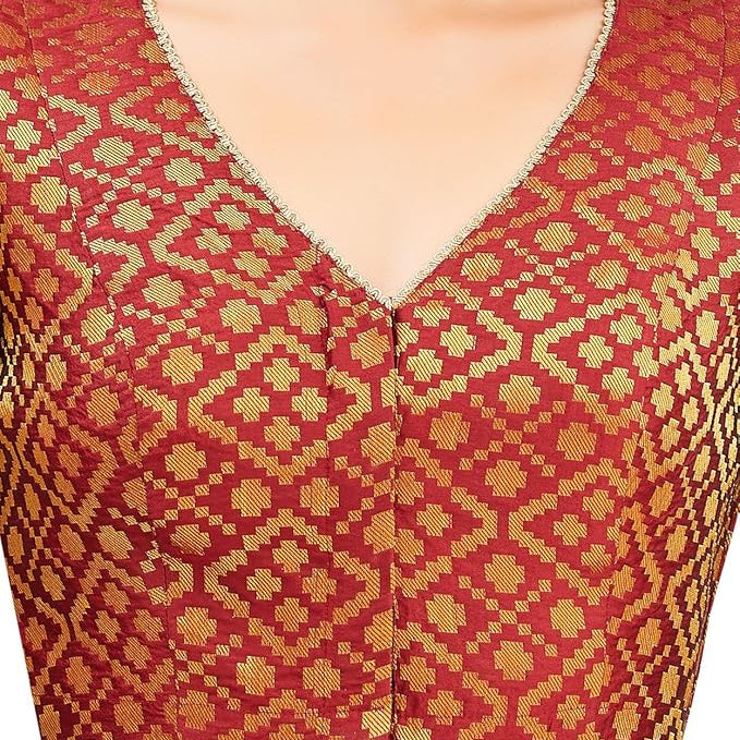 Readymade Maroon Brocade V-Neck Blouse with Elbow-Length Sleeves