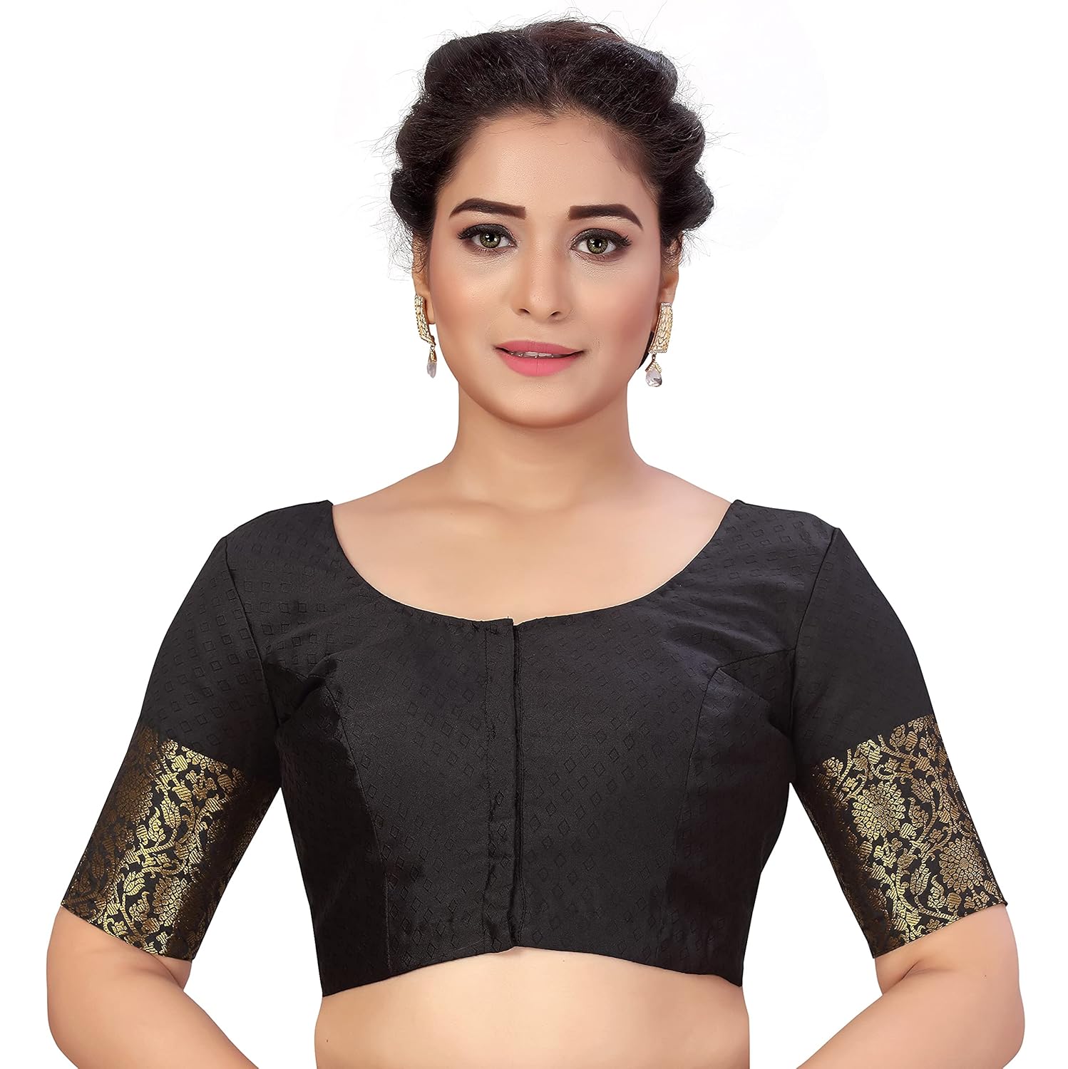 Studio Shringaar Women's Brocade Elbow Length Sleeves Golden Kanjivaram Border Saree Blouse.