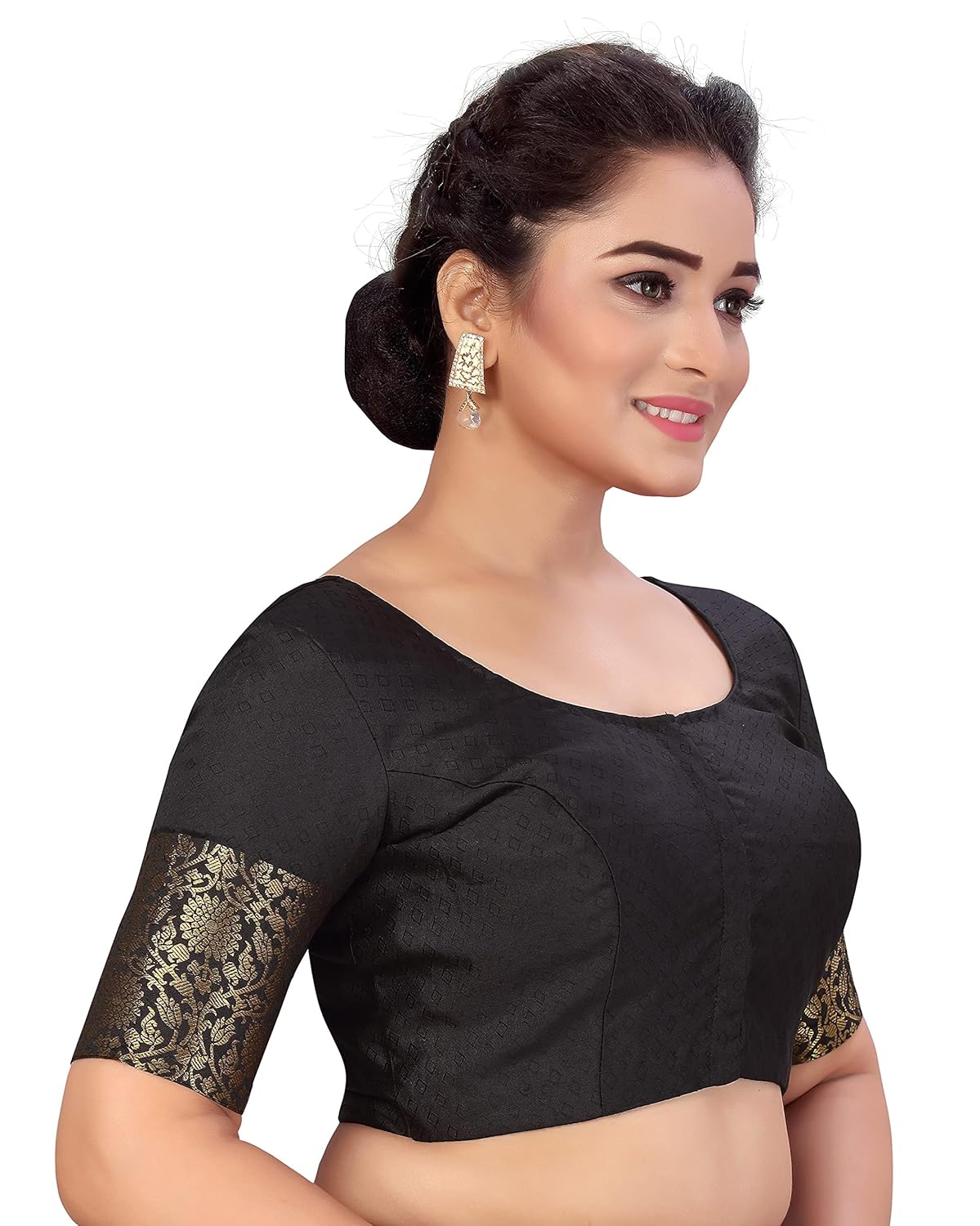 Studio Shringaar Women's Brocade Elbow Length Sleeves Golden Kanjivaram Border Saree Blouse.