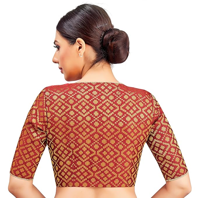 Women's Readymade Brocade Elbow Length Sleeves Saree Blouse Maroon V neck