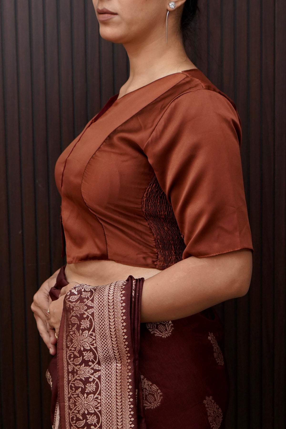 Soft V-Neck Stretchable Blouse in Chocolate Brown