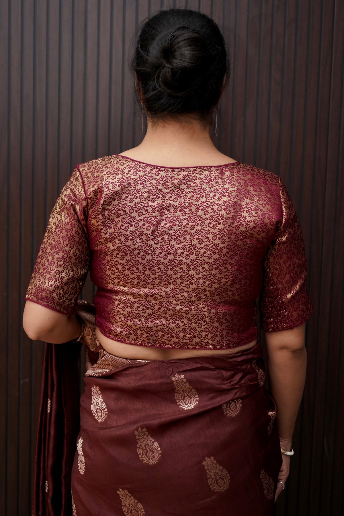 Mini Floral Pattern Stretchable Blouse - Wine Brown