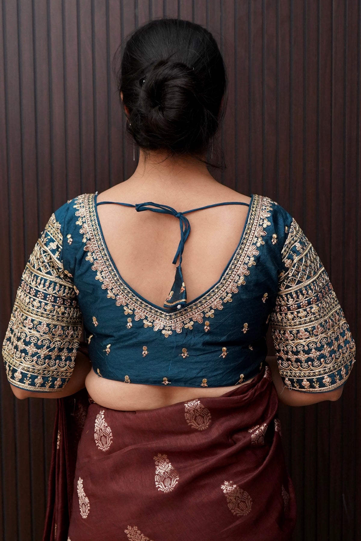 Navy Blue Blouse with Heavy Embroidery Sleeve Work