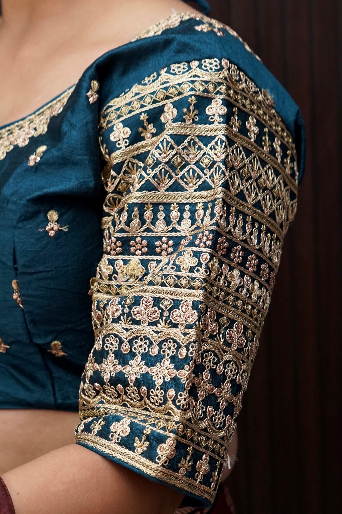 Navy Blue Blouse with Heavy Embroidery Sleeve Work