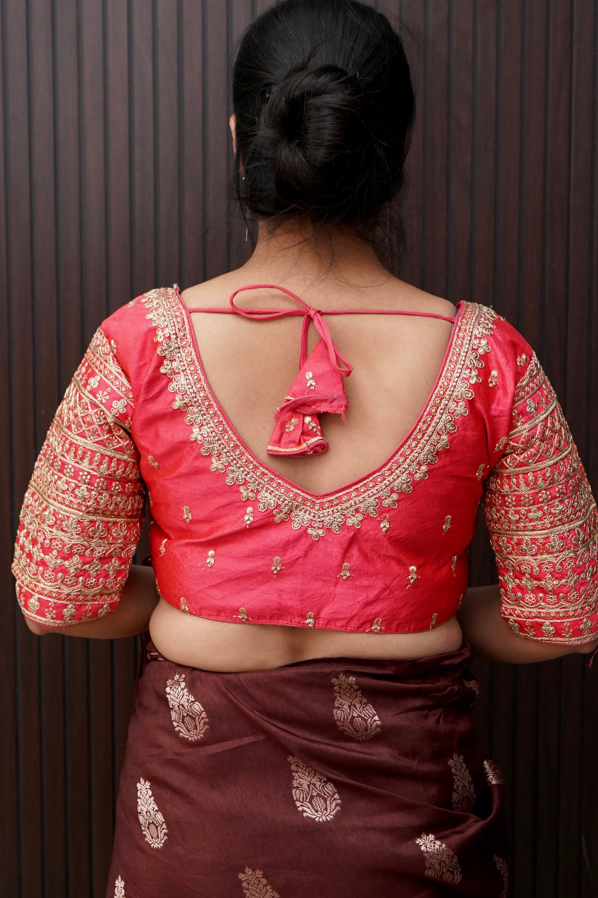 Coral Red Blouse with Heavy Embroidery Sleeve Work