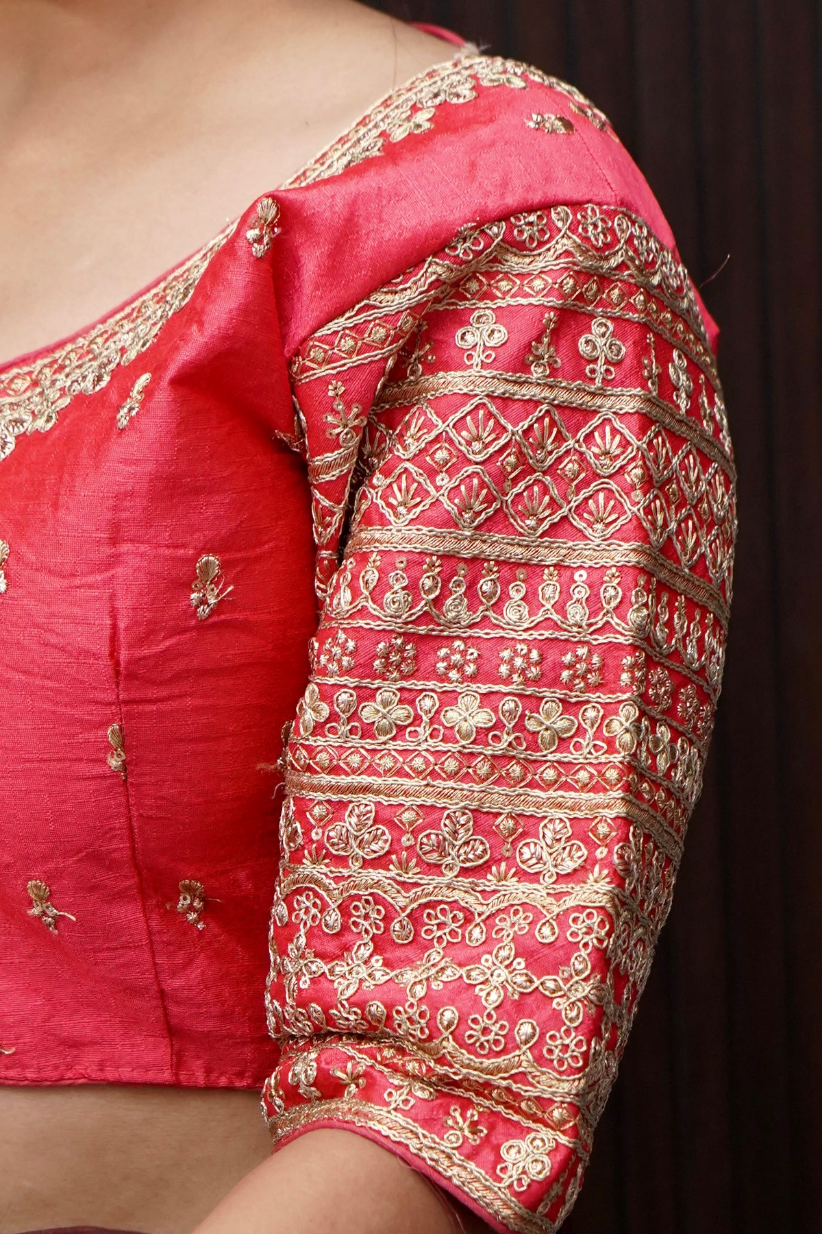 Coral Red Blouse with Heavy Embroidery Sleeve Work