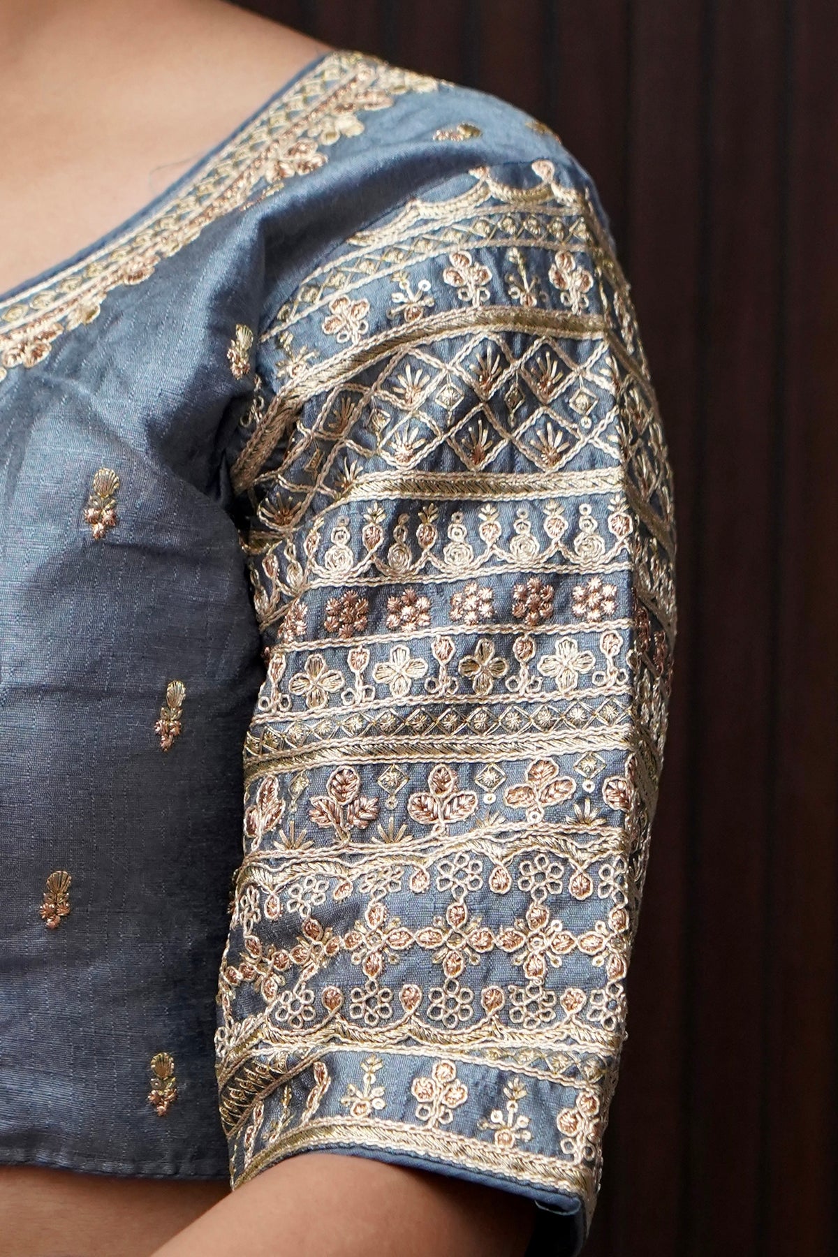 Dusty Blue Blouse with Heavy Embroidery Sleeve Work