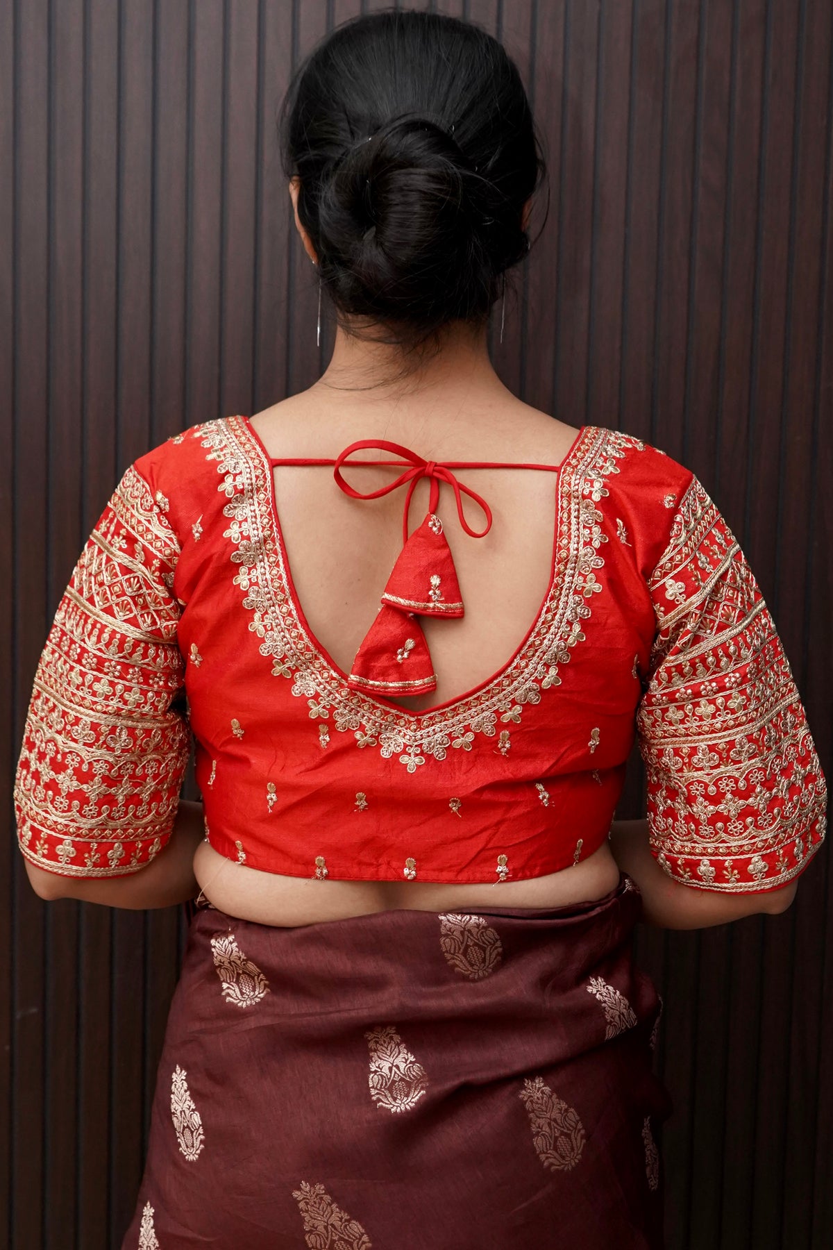 Bright Red Blouse with Heavy Embroidery Sleeve Work