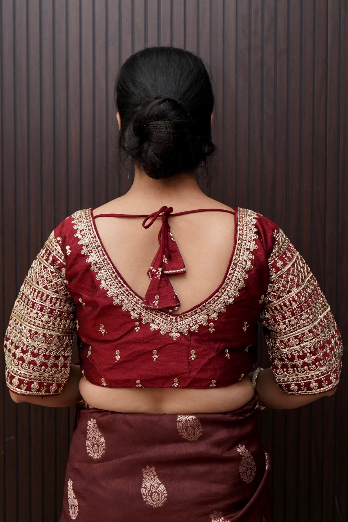 Wine Maroon Blouse with Heavy Embroidery Sleeve Work