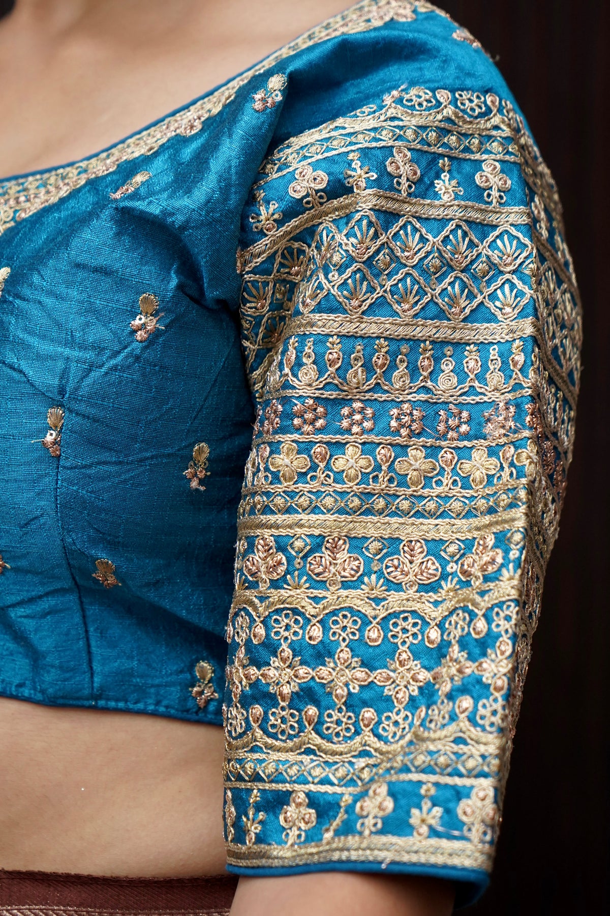 Bright Turquoise Blue Blouse with Heavy Embroidery Sleeve Work