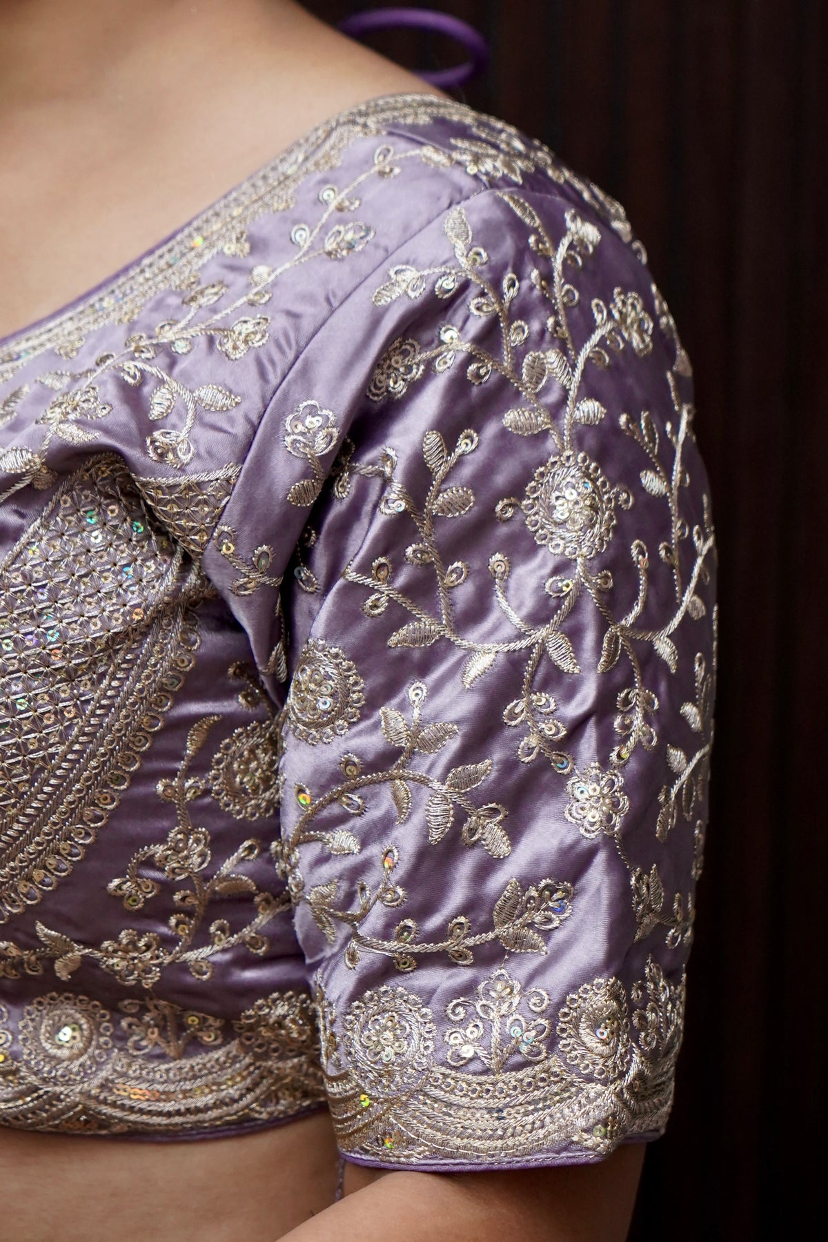 Heavy Embroidery Work Elbow Sleeves Blouse in Lavender