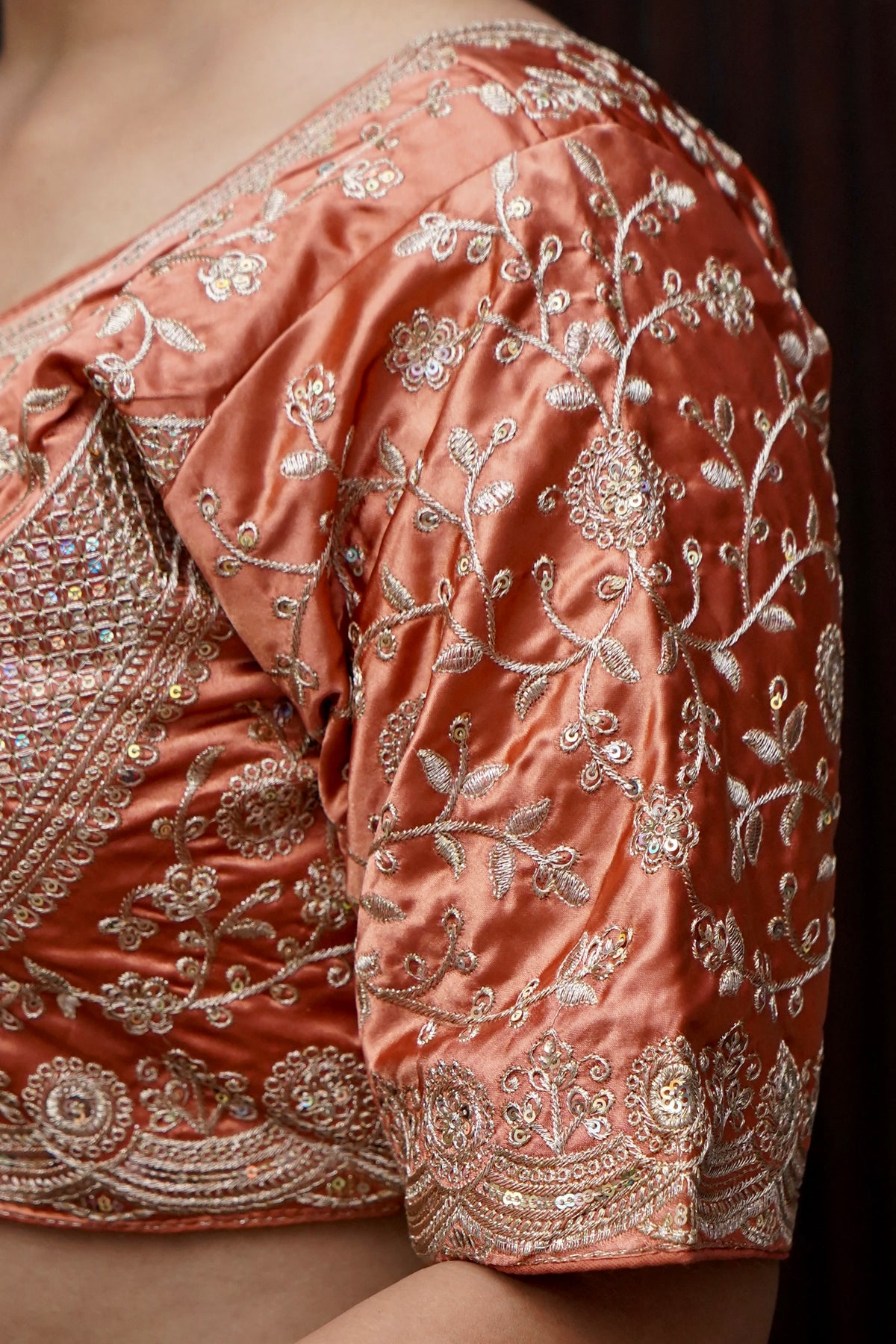 Heavy Embroidery Work Elbow Sleeves Blouse in Peach