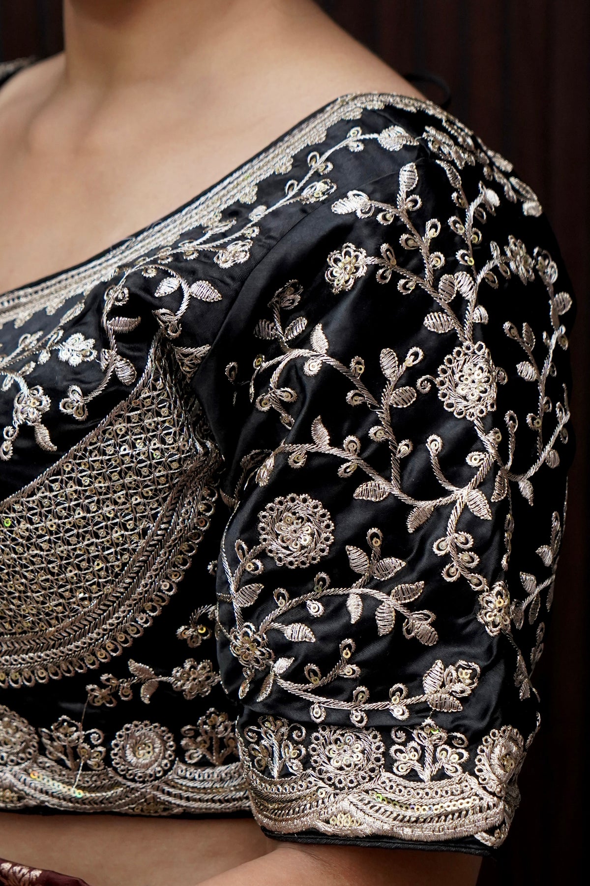 Heavy Embroidery Work Elbow Sleeves Blouse in Black