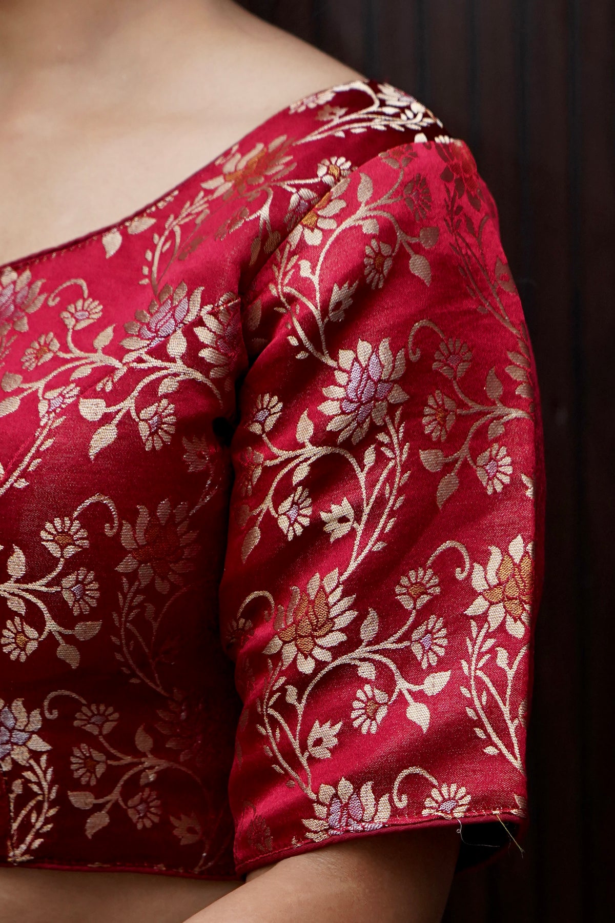 Brocade Floral Vine Blouse - Deep Red