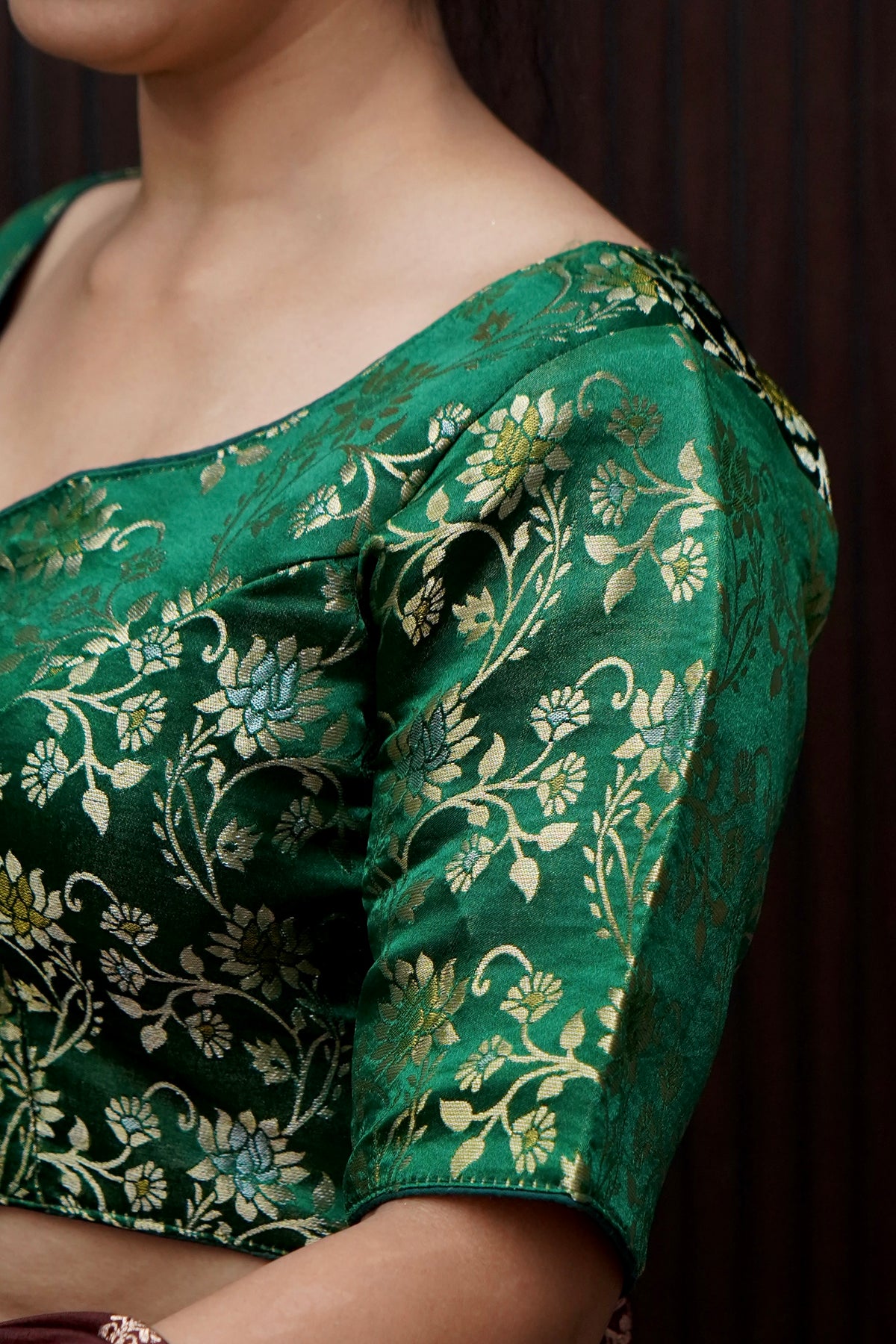 Brocade Floral Vine Blouse - Dark Green