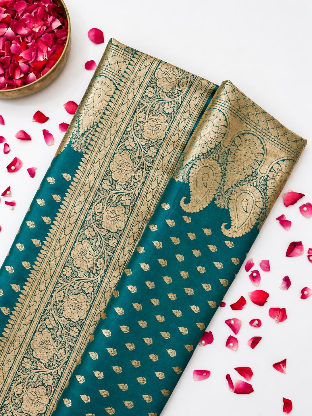 Rich Teal Blue Banarasi Silk Saree with Gold Zari Weaving