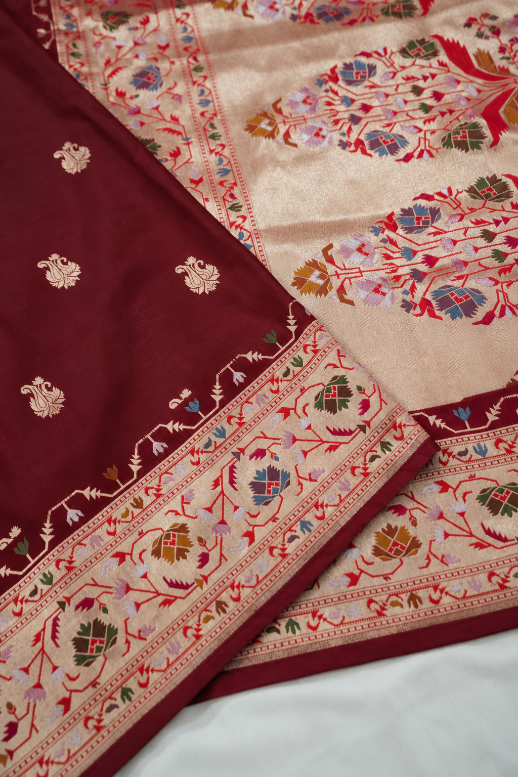 Peshavi - Deep Burgundy Paithani Silk Saree with Stitched Blouse