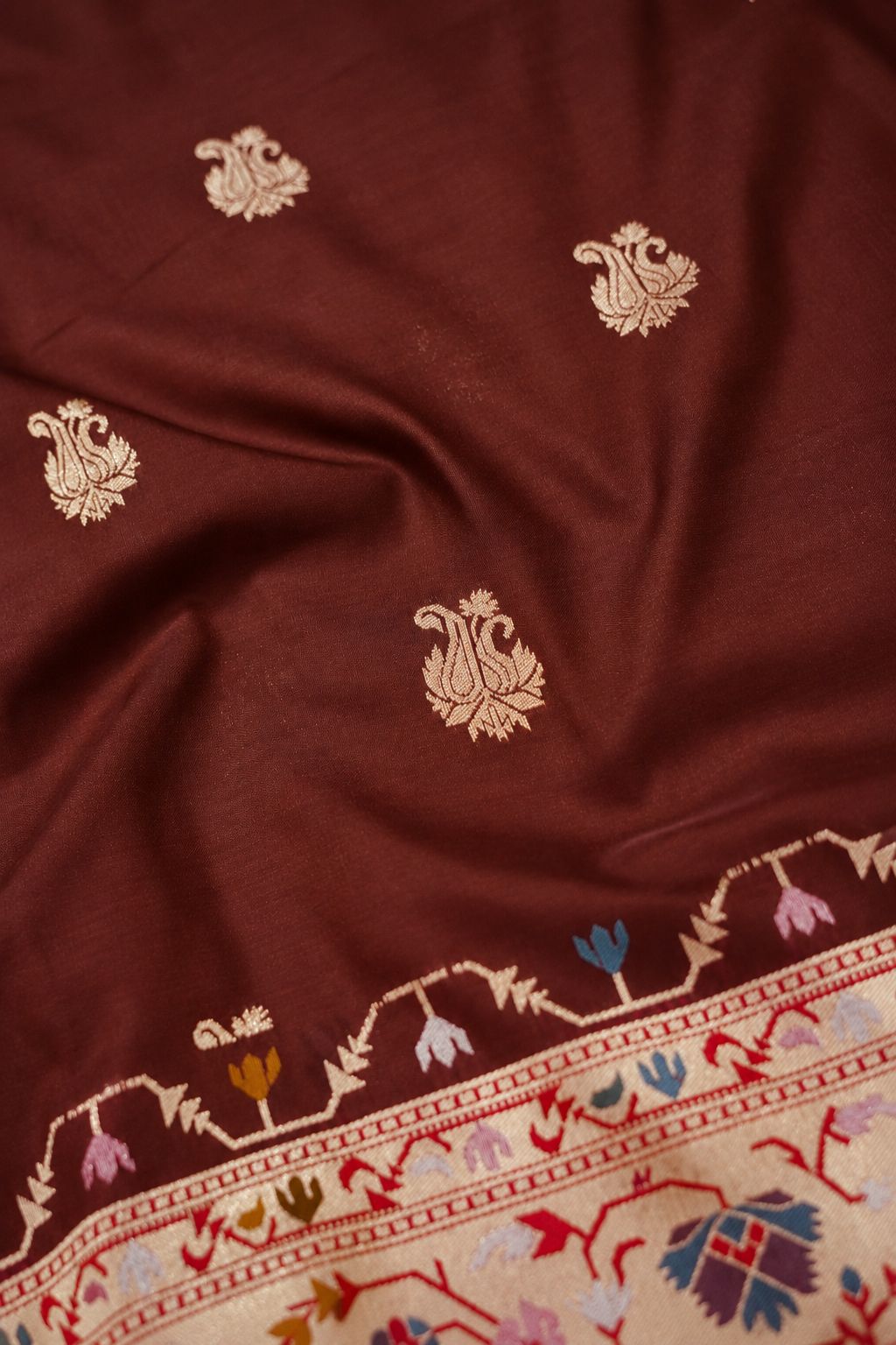 Peshavi - Deep Burgundy Paithani Silk Saree with Stitched Blouse