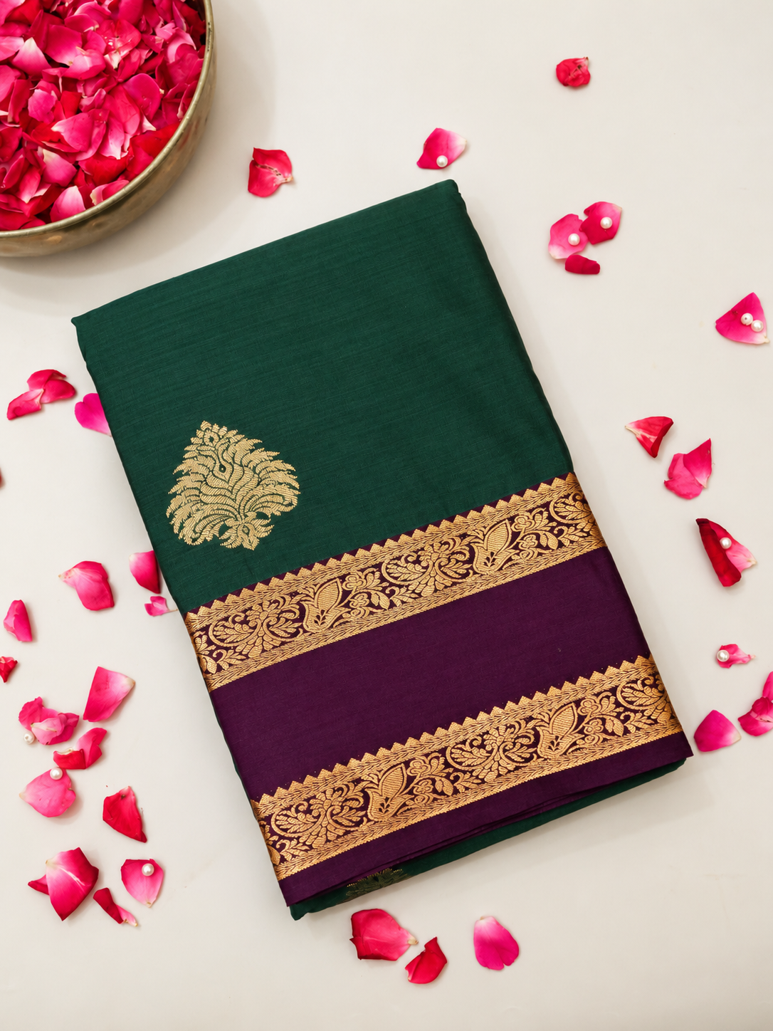 Devi - Forest Green Kanjivaram Silk Saree with Korvai Border