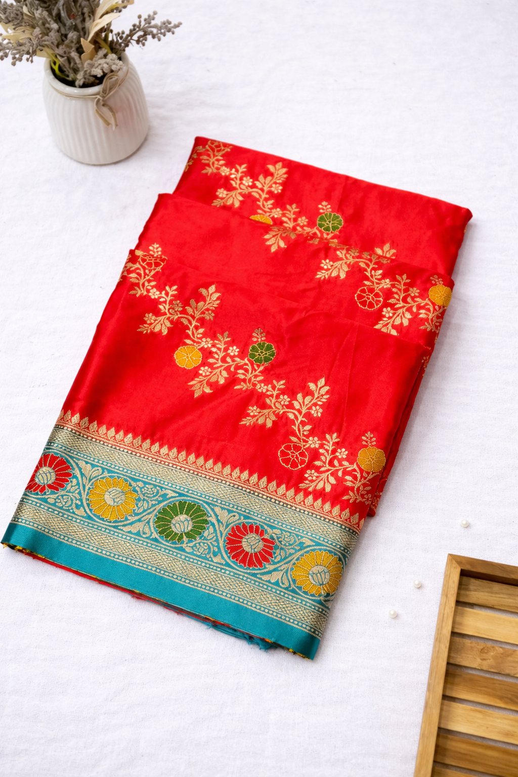 Royal Red Satin Mashru Silk Saree with Teal Zari Floral Border