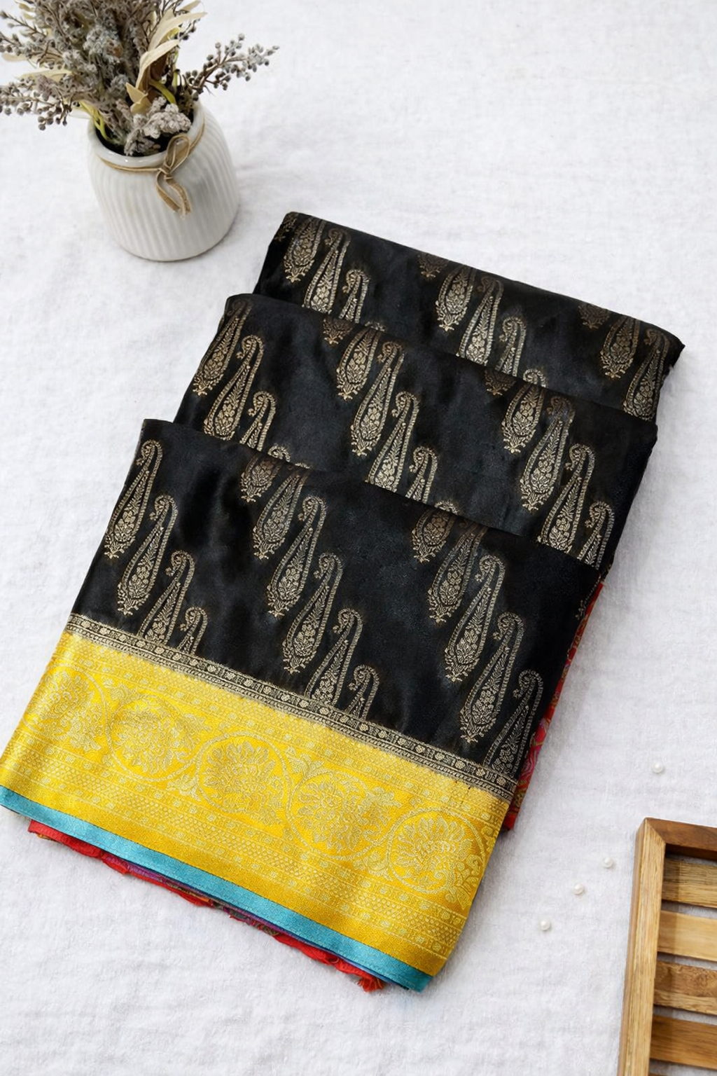 Classic Black Satin Mashru Silk Saree with Gold Zari Border