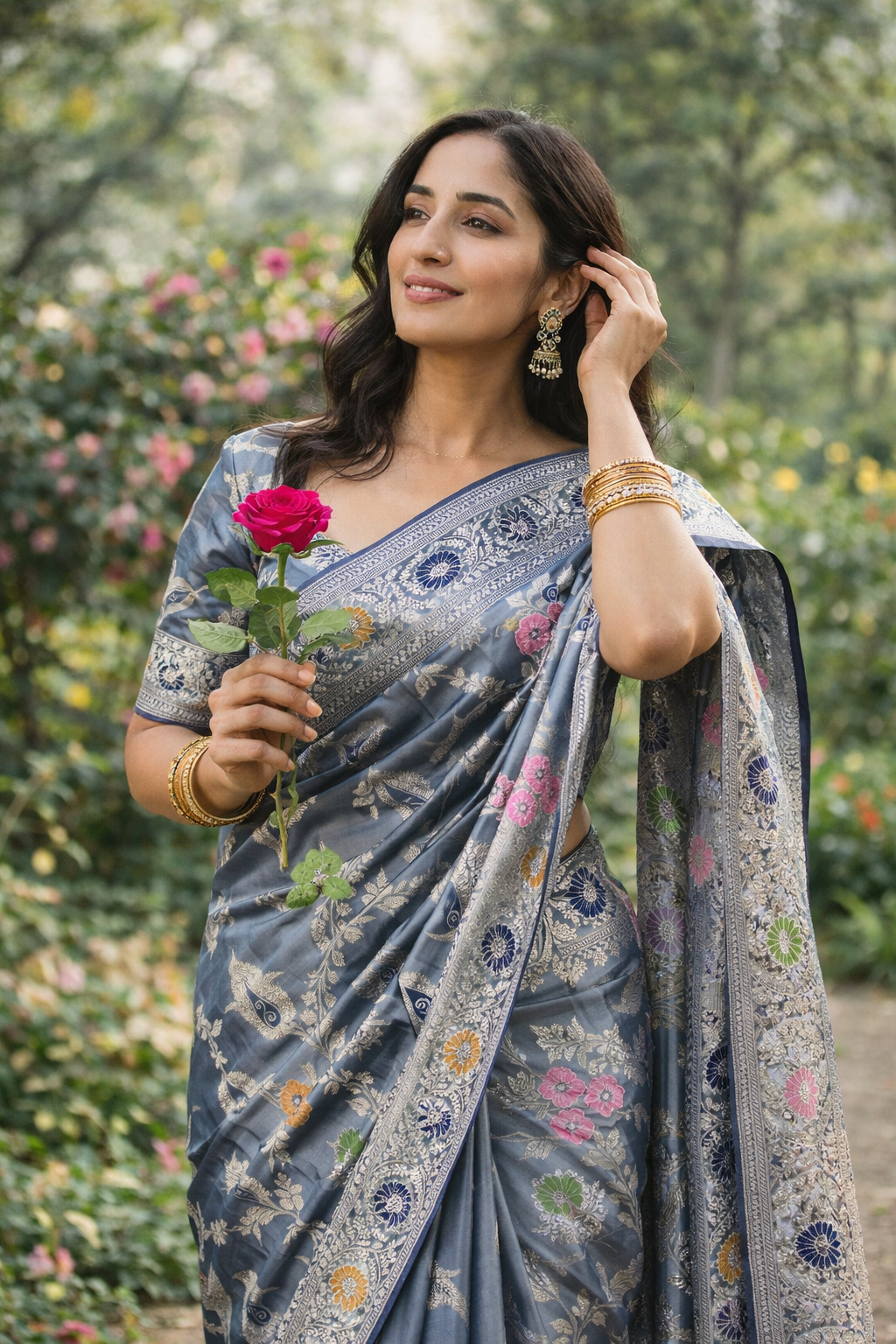 Enriched Dusky Blue Banarasi Katan Silk Saree with Multicolor Meenakari Floral Jaal