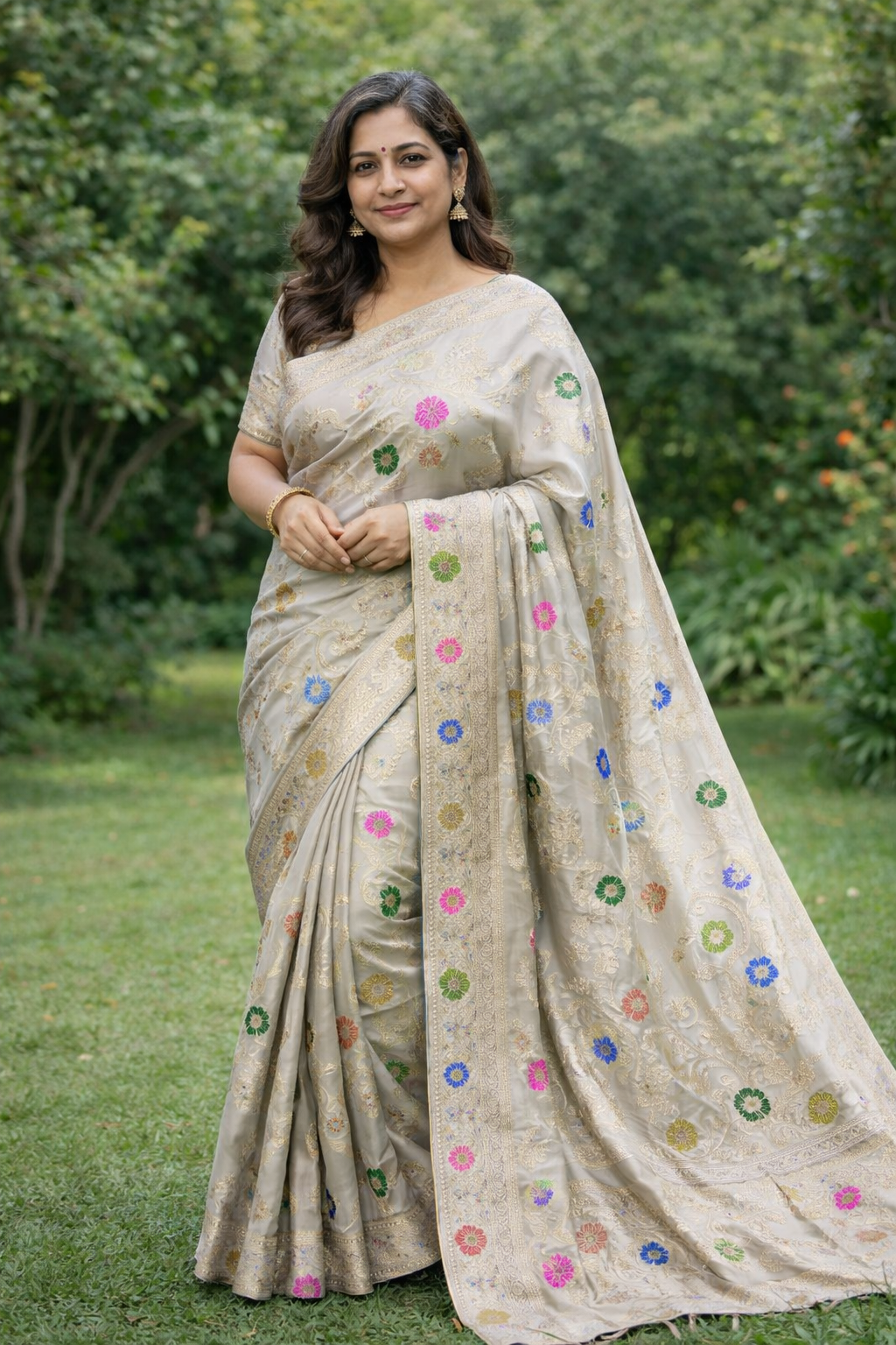 Enriched Banarasi Katan Silk Saree | Light Olive Green Multicolor Meenakari Floral Jaal