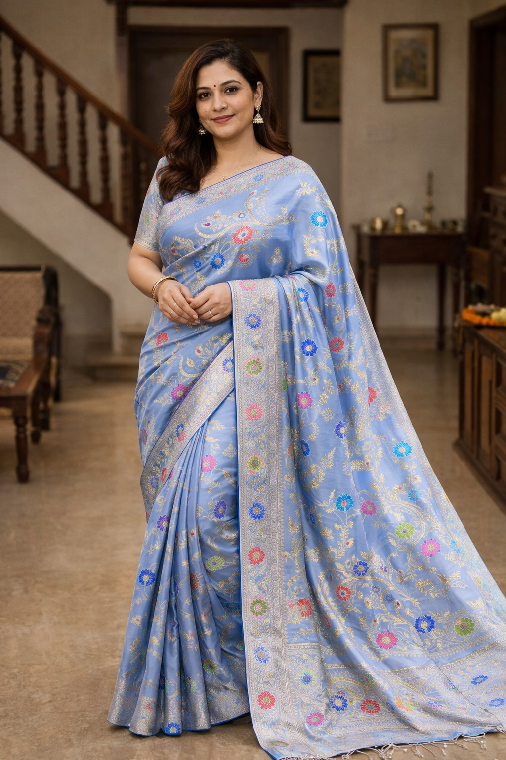 Enriched Banarasi Katan Silk Saree | Sky Blue Multicolor Meenakari Floral Jaal
