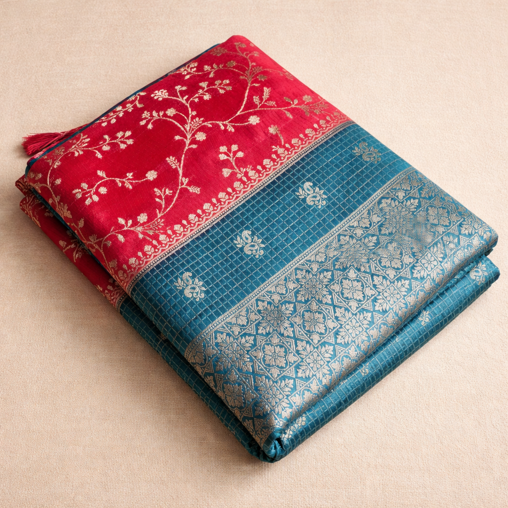 Banarasi Georgette Saree in Luxe Red & Teal with Gold Zari Work
