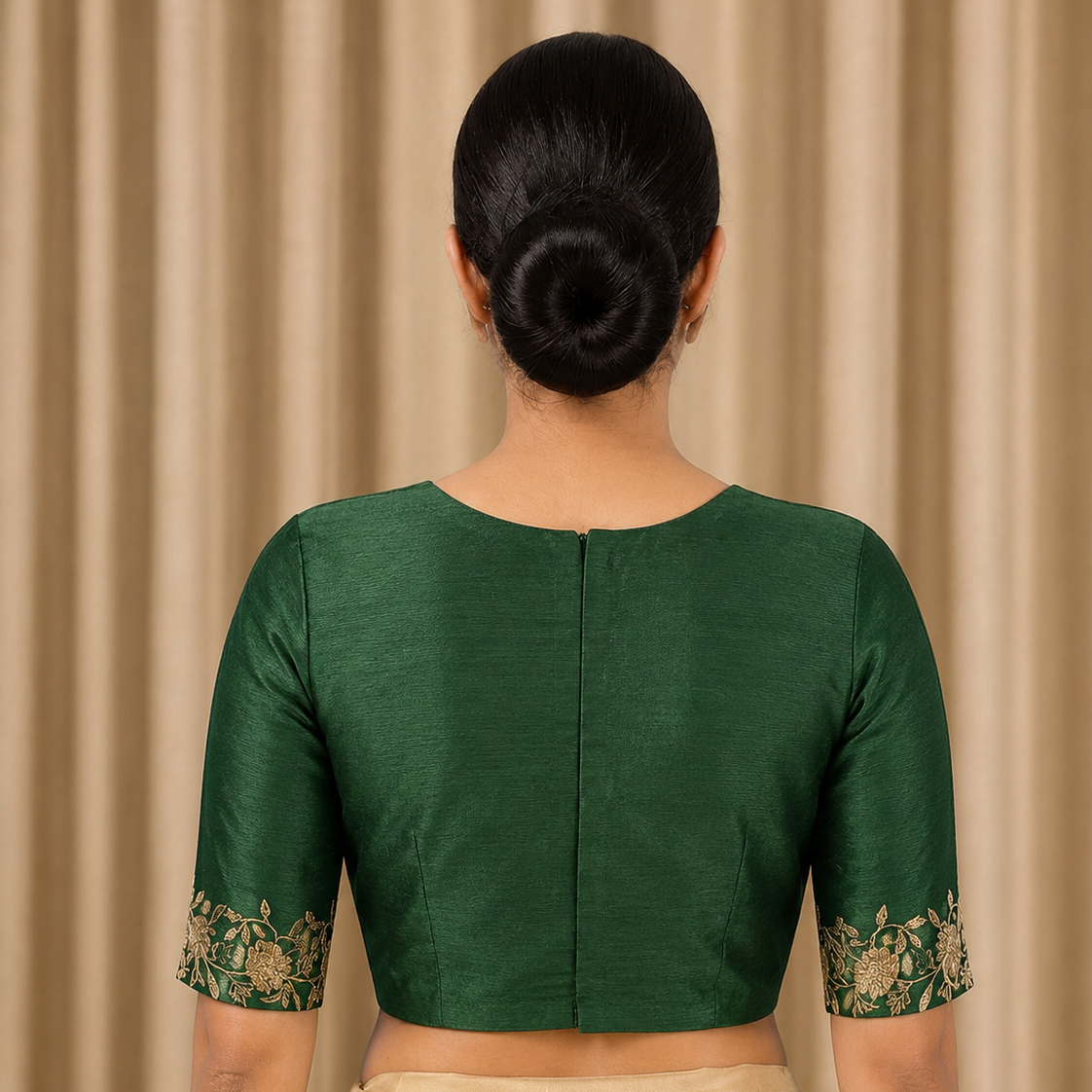 Deep Emerald Green Embroidered Work Blouse – Elbow Length Sleeves