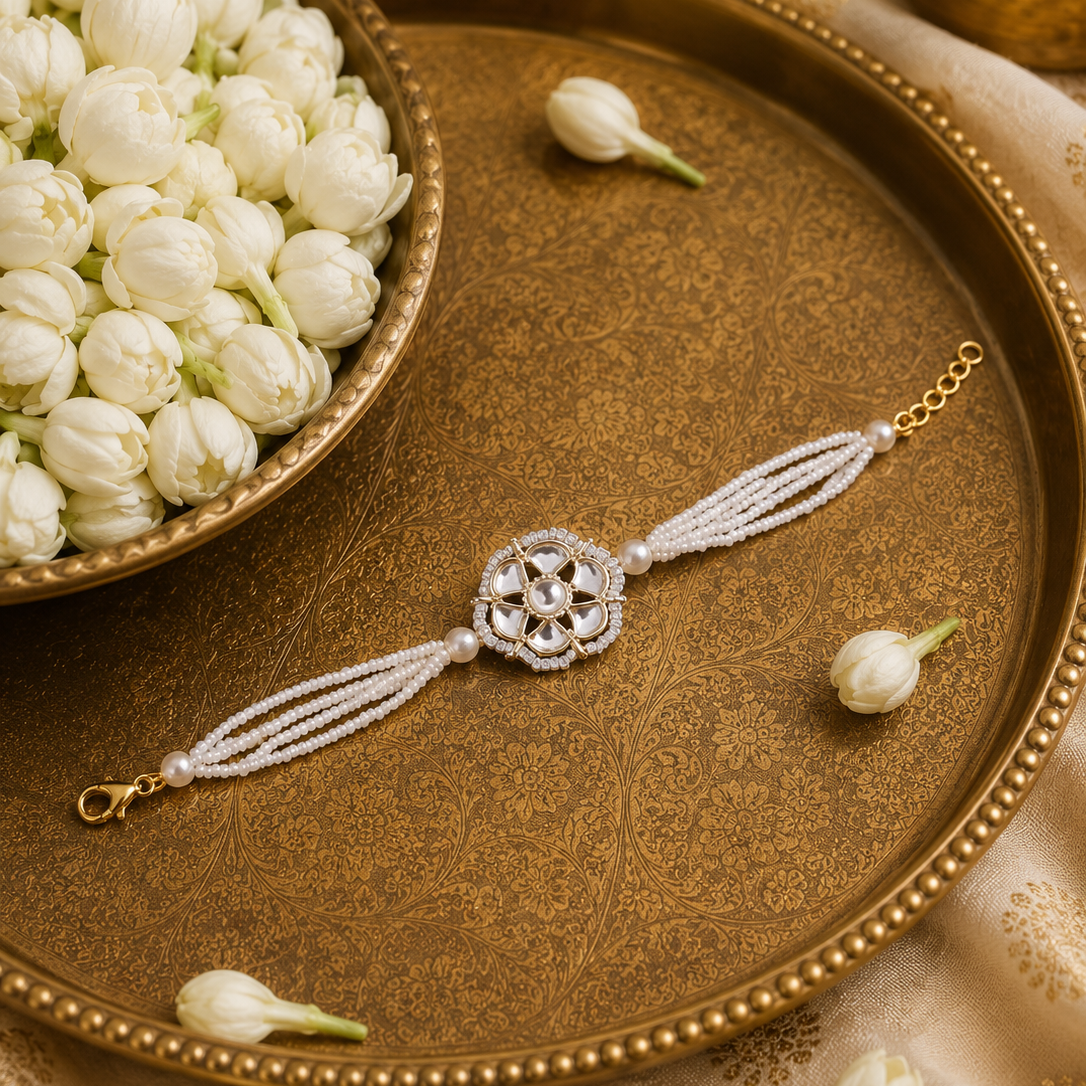 Pearl Bloom Kundan Rakhi Bracelet