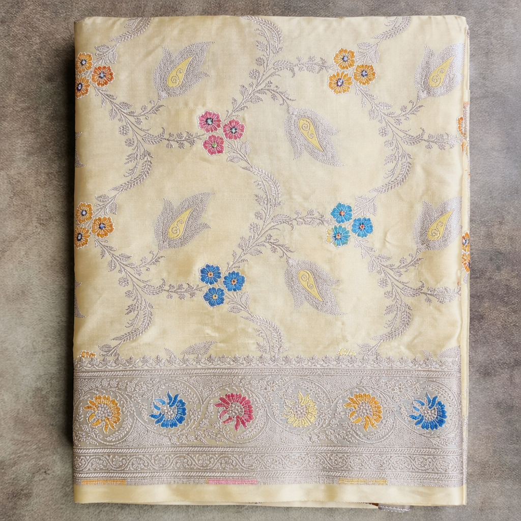 Enriched Butter Yellow Banarasi Katan Silk Saree with Multicolor Meenakari Floral Jaal