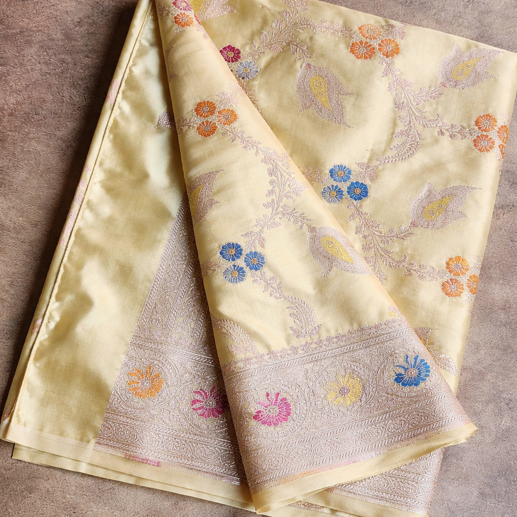 Enriched Butter Yellow Banarasi Katan Silk Saree with Multicolor Meenakari Floral Jaal