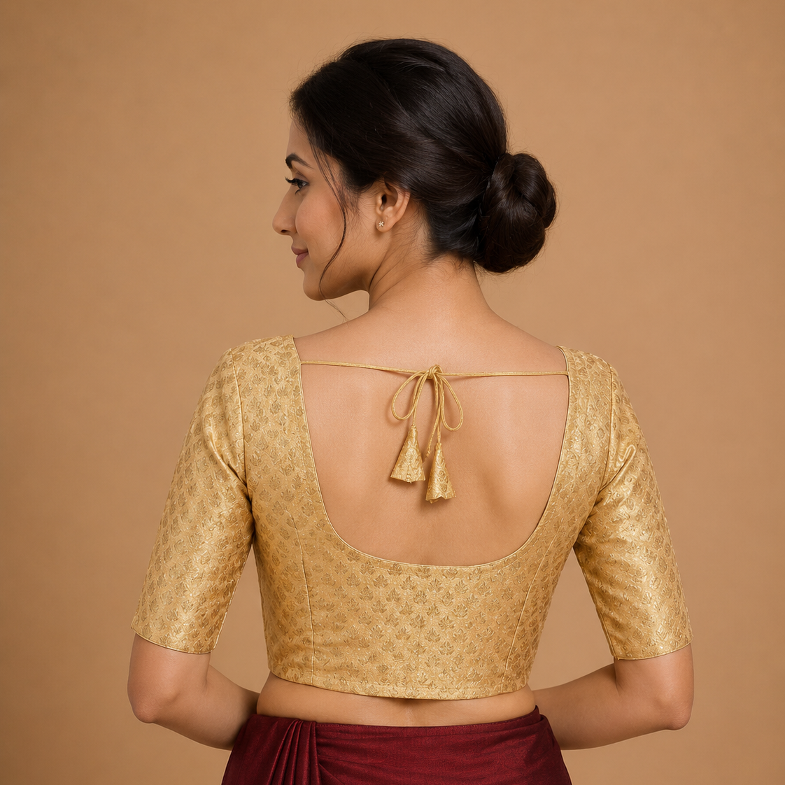Gold Brocade Front Open Blouse – Elbow Length Sleeves