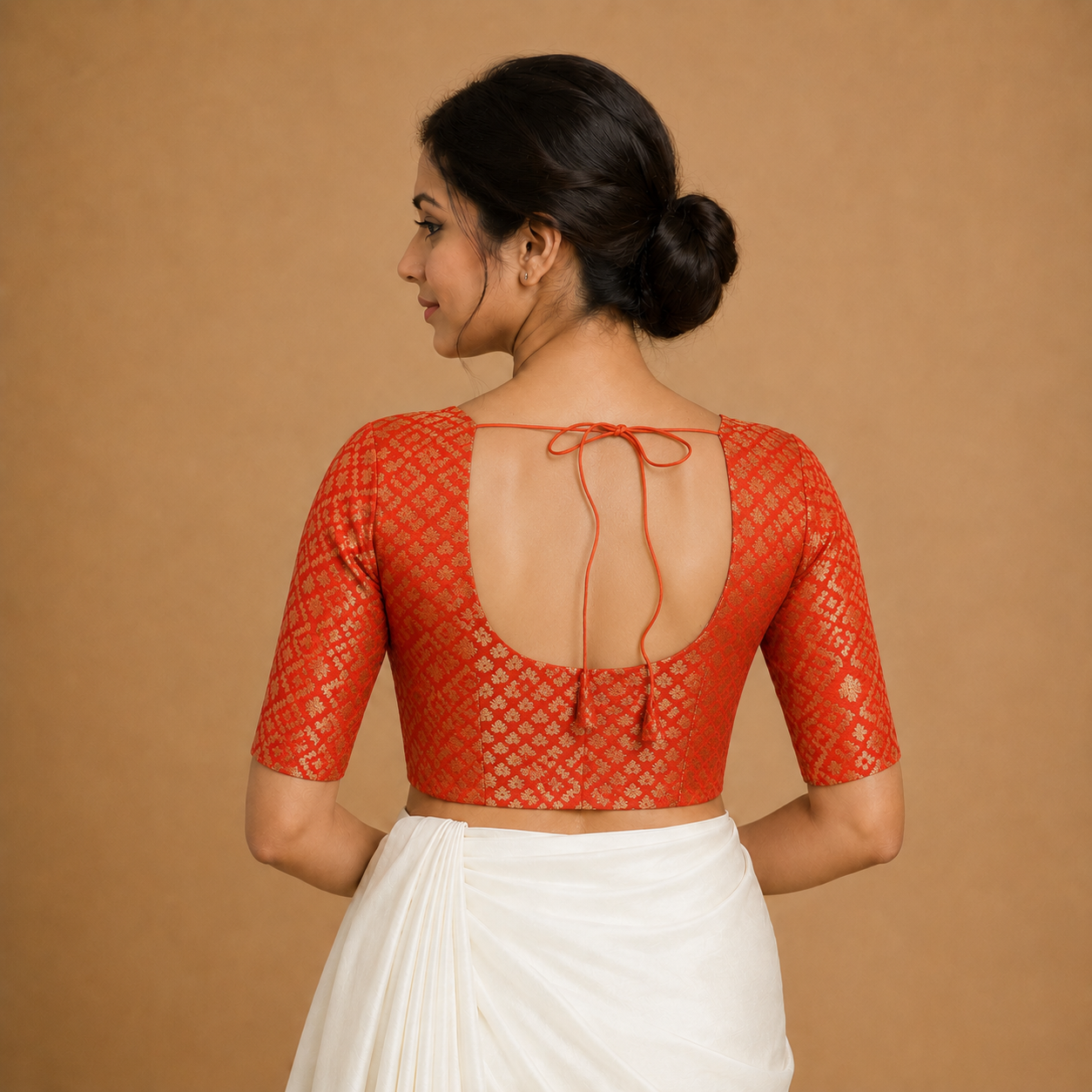Red Brocade Front Open Blouse – Elbow Length Sleeves
