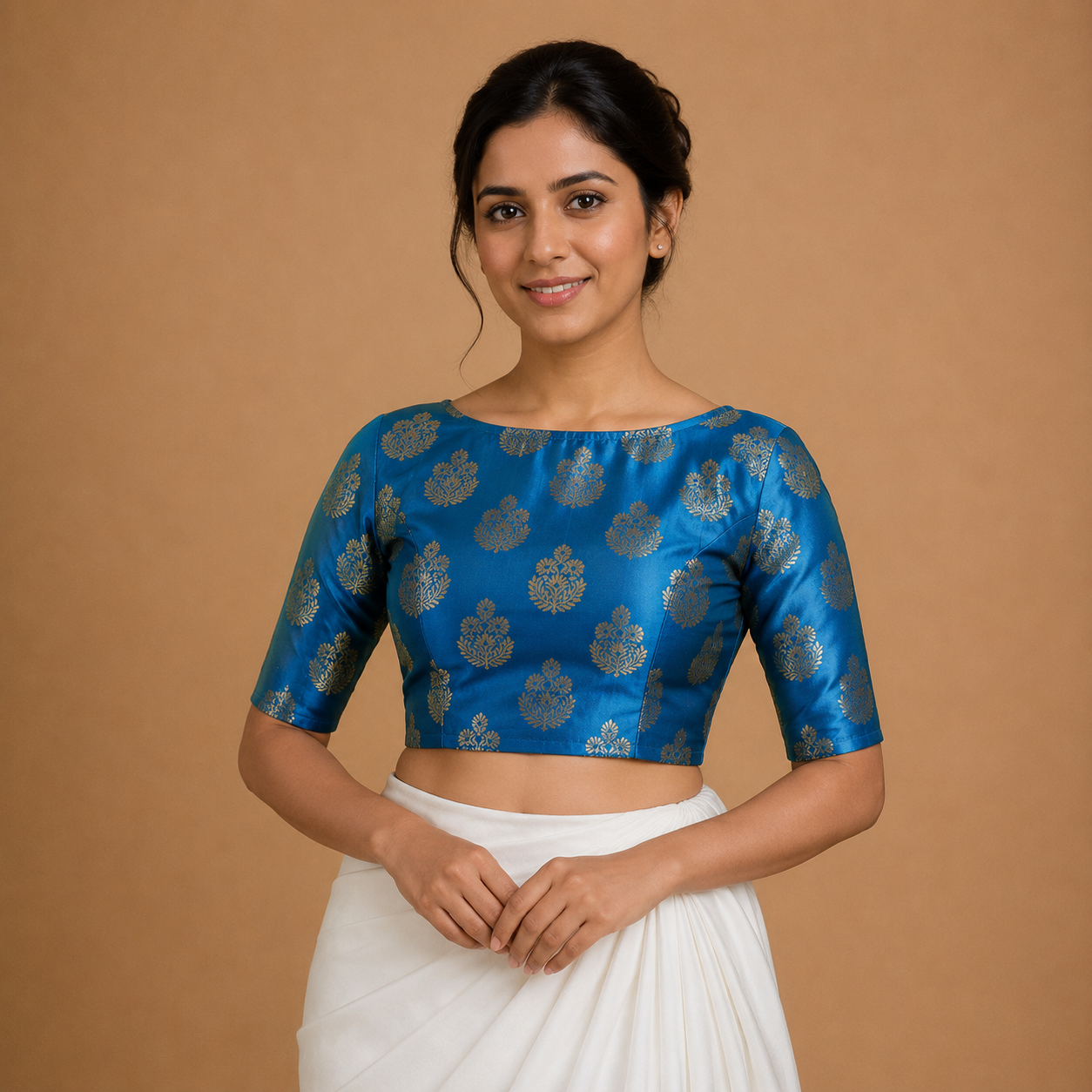 Aquamarine Blue Jacquard Boat Neck Blouse