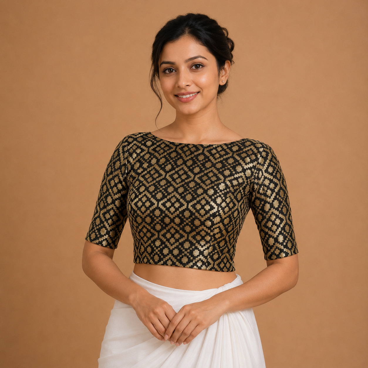 Black Brocade Blouse – Elbow Length Sleeves
