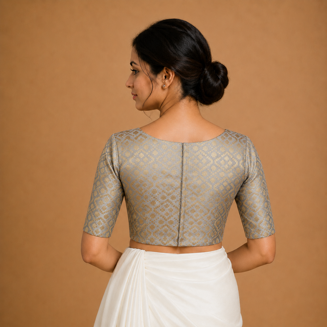Gray Brocade Blouse – Elbow Length Sleeves