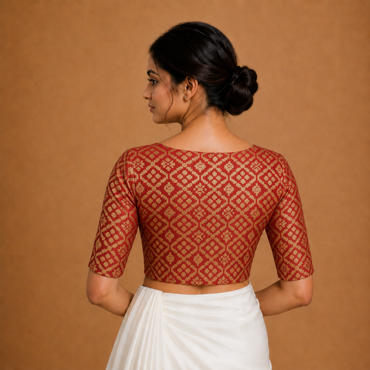 Readymade Maroon Brocade V-Neck Blouse with Elbow-Length Sleeves