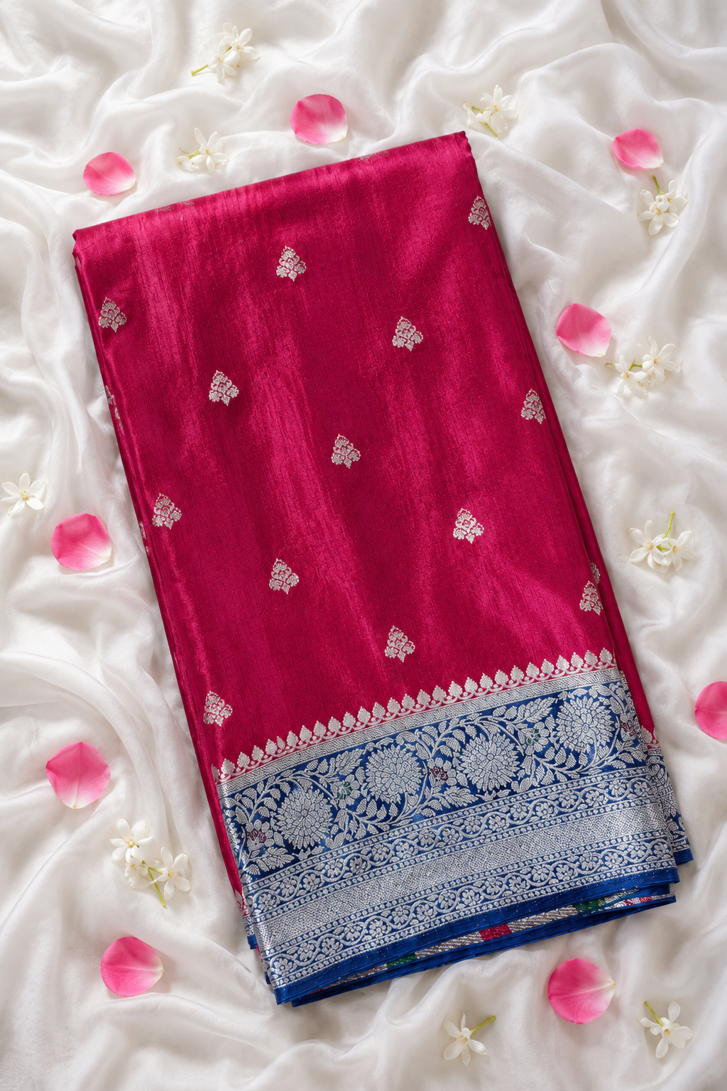 Fuchsia Pink Mashru Katan Silk Saree with Royal Blue Border and Silver Detailing