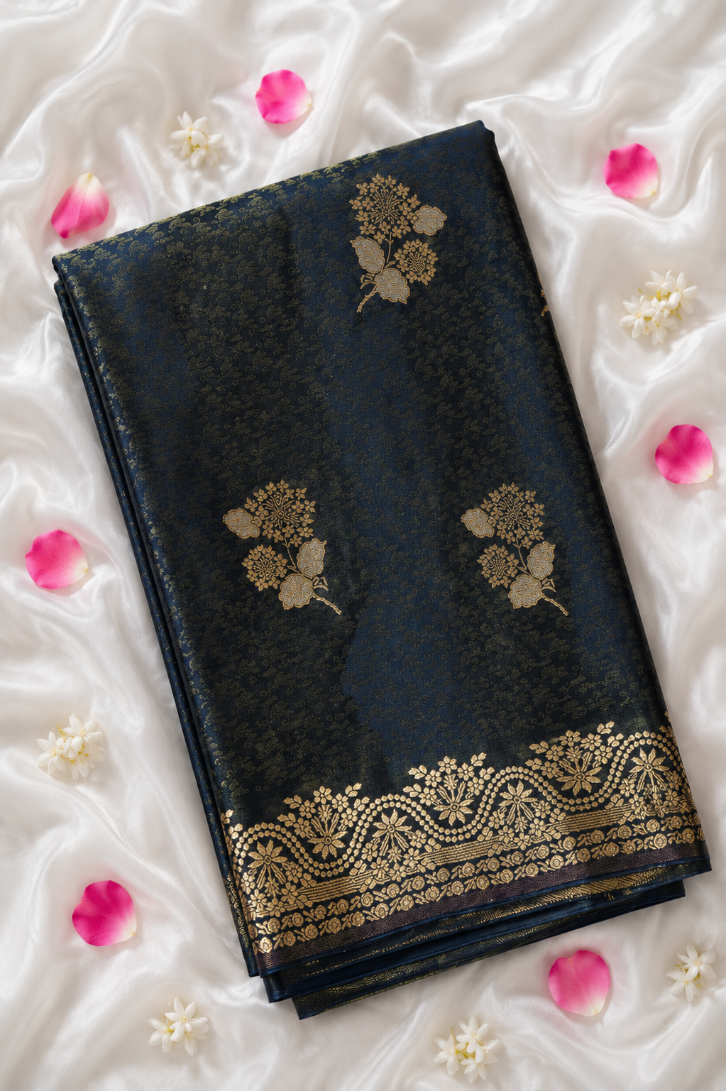 Midnight Navy Blue Tissue Katan Silk Saree with Champagne Gold Border