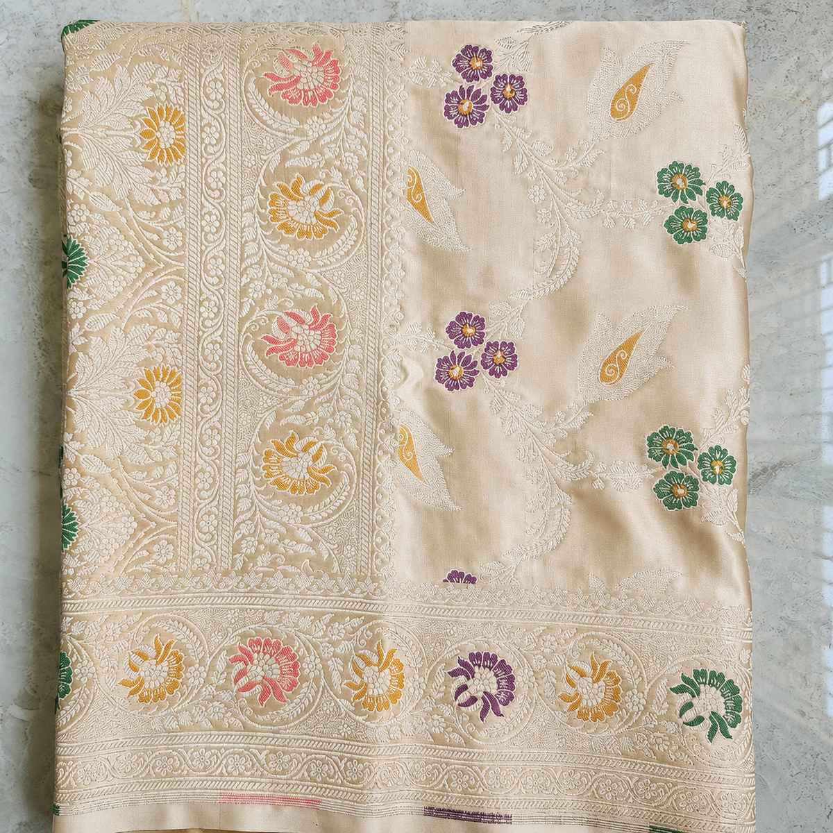 Enriched Beige Banarasi Katan Silk Saree with Multicolor Meenakari Floral Jaal