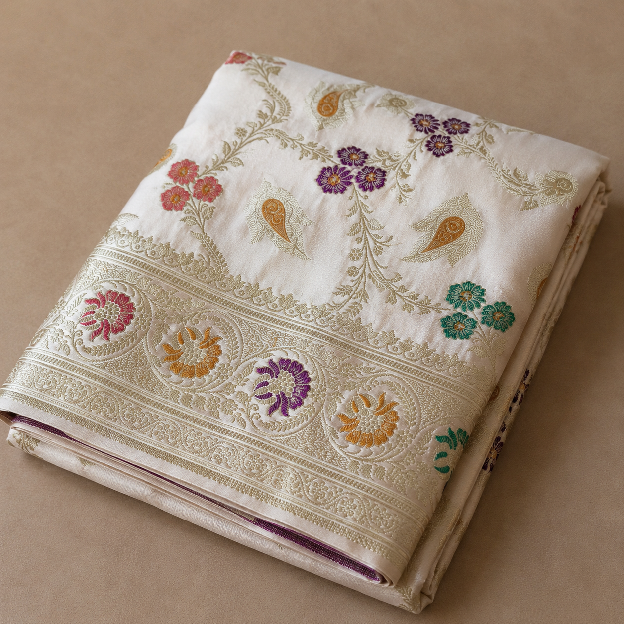 Enriched Beige Banarasi Katan Silk Saree with Multicolor Meenakari Floral Jaal